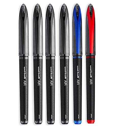 Uni-Ball AIR Micro - 0.5mm Fine Rollerball - Pack of 6 Pens - 4 Black, 1 Blue and Red (Assorted Collors), Packing may vary