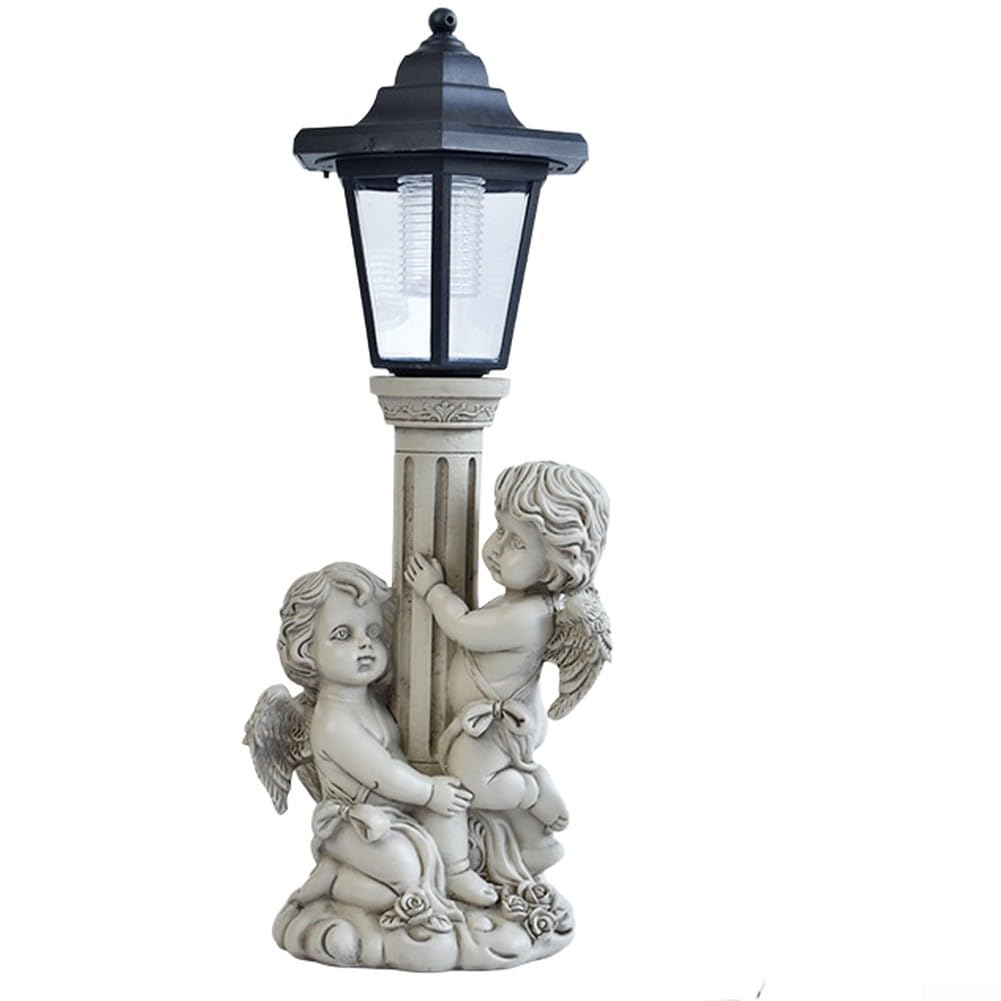 Estatua de ángel solar, luz conmemorativa de jardín de resina alimentada por energía solar, diseño de columna romana antigua para decoración de patio al aire libre (ángel de rodilla derecha)
