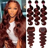 Beaushine 10A Bundles with Closure Human Hair Body Wave Bundles-18 20 22+18inch, 33B Reddish Brown Human Hair Bundles with hd Lace Closure Brazilian Raw Virgin Hair Auburn Red Color Weave