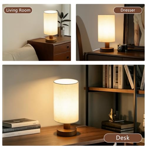 Image of Bedside Lamps Set of 2, Bamboo Small Table Lamp for Nightstand | 10'' Minimalist Nightstand Lamps for Bedroom, Modern Desk Lamp for Living Room, E26, Walunt, Linen Shade