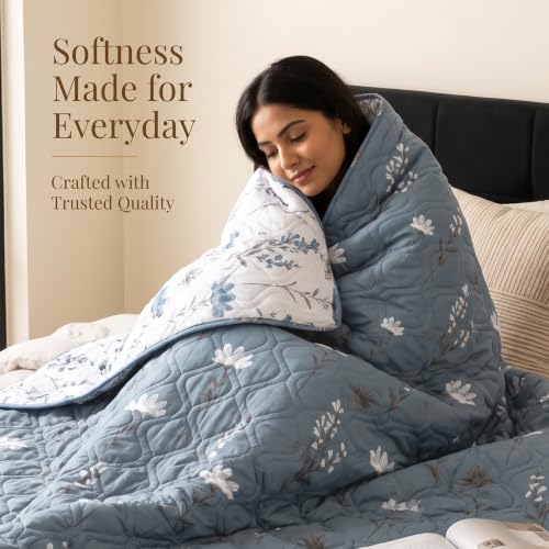 Image of HUESLAND Reversible AC Quilt Blanket Single Bed | 100% Cotton Quilted Shell, Super Soft 120 GSM Microfibre Wadding | Lightweight Comforter for All Weather Use | Floral - 55 x 88 inches