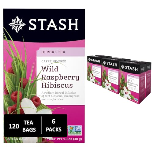 Image of Stash Tea Wild Raspberry Hibiscus Herbal Tea - Naturally Caffeine Free, Non-GMO Project Verified Premium Tea with No Artificial Ingredients, 20 Count (Pack of 6) - 120 Bags Total