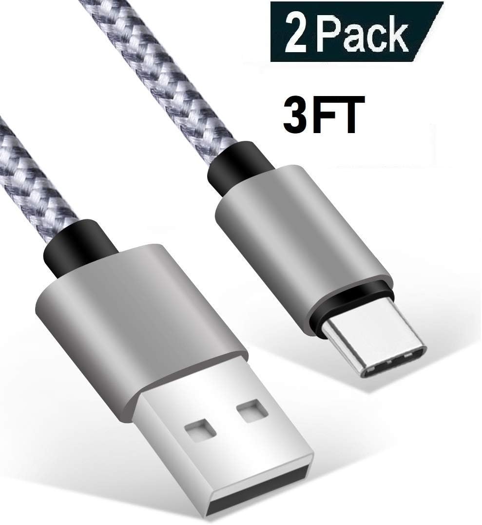 USB Type C Cable 1M Charging lead for Samsung Galaxy S8 / S9 / S10 / Note 8 / Note 9 Plus, LG G5 / G6 / G7, 2 Pack 3FT Nylon Braided Short Charge & Data Charger Cord (White,2X3FT)