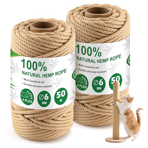 Foydream 2 Pezzi Corda Tiragraffi per Gatti, 6mm × 50m Spago per Decorazioni, Corda per Tiragraffi per DIY Graffiatoio per Gatti, Gatti Accessori, Decorazioni Domestiche e Artigianato