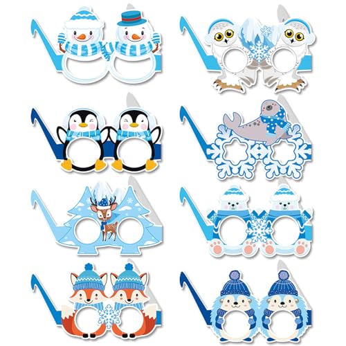 16 gafas de Navidad de invierno, accesorios de decoración para fiestas infantiles, máscaras de gafas, diseño blanco y azul, divertidos artículos de fiesta, decoración para fiestas de cumpleaños para