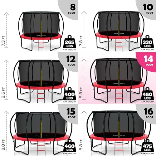 Image of JoyBerri Upsurge Trampoline Outdoor - ASTM Certified Safe 8Ft 10Ft 12Ft 14Ft 15Ft 16Ft Recreational Trampoline for Kids and Adults. Anti-Rust Coating with Enclosure Net, Ladder, Sprinkler & LED Lights