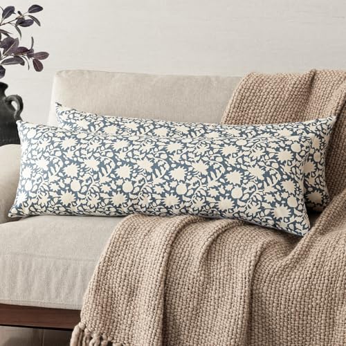 Image of Foindtower Set of 1 Decorative Long Body Lumbar Throw Pillow Covers Accent Farmhouse Cushion Cover Neutral Floral Pillowcase for Couch Sofa Bedroom Living Room Home Decor,14x36 Inch,Dusty Blue