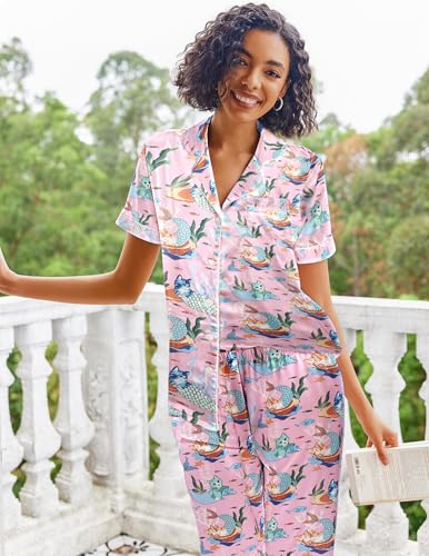 Image of Ekouaer 2 Piece Satin Short Sleeve Pajamas Set Button Down Sleepwear | Soft Pjs Set Classic Loungewear for Wedding, Party, Home, Daily Wear, Date Nights