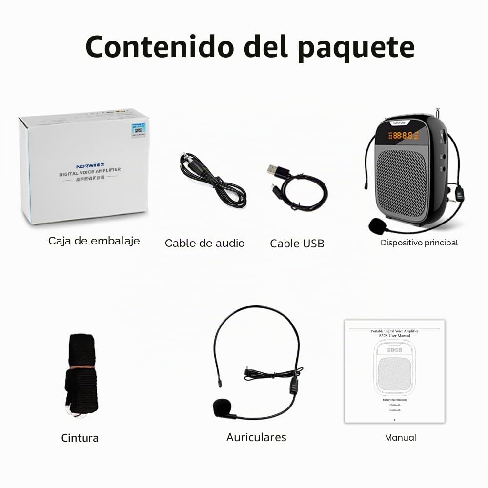 Norwii Mini Amplificador de Voz portátil Recargable con Bluetooth de 4000 mAh con micrófono con Cable, Amplificador de Voz Personal para Profesores, guías turísticos, PA amplificadores de Potencia
