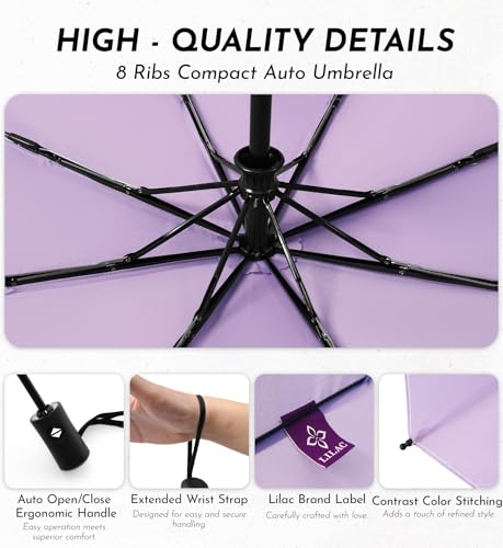 Image of LILAC Umbrella Small Stable Windproof 110 cm Pocket Umbrella Open-Close Compact Travel Umbrella with Fastener & Carabiner, Lightweight Folding Umbrella for Men and Women