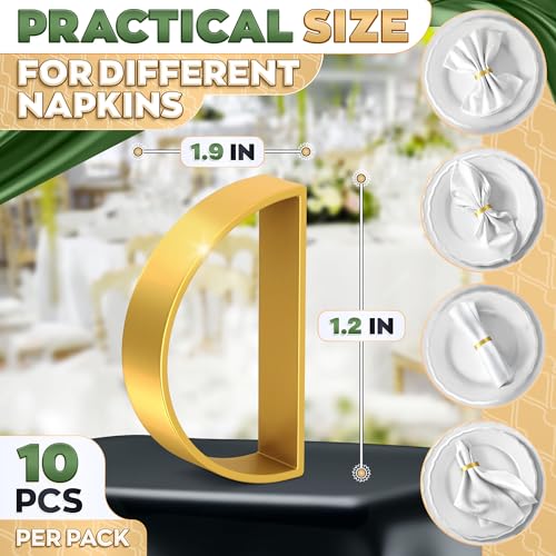 Image of Set of 10 Gold Napkin Rings for Table Decor - Modern Semicircle Napkin Rings, Reusable Metal Holders for Dining Table, Weddings, Parties, Events - Elegant Festive Table Setting Accessories for Home