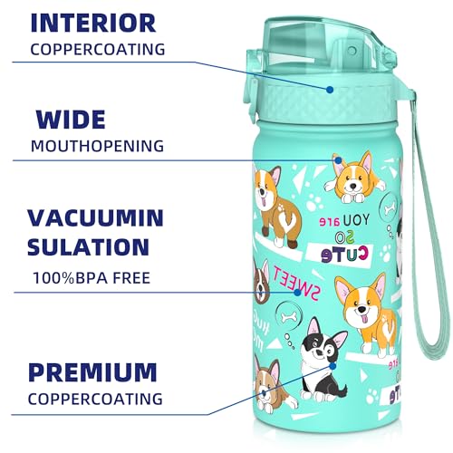 GOPPUS 420ml/14oz Kids Insulated Water Bottle with Straw Cute Double Wall Stainless Steel Child's Small Flask Vacuum Insulated Steel Metal Leak Proof Drink Flask Boys Toddler Girls Bottles BPA-Free - Image 4