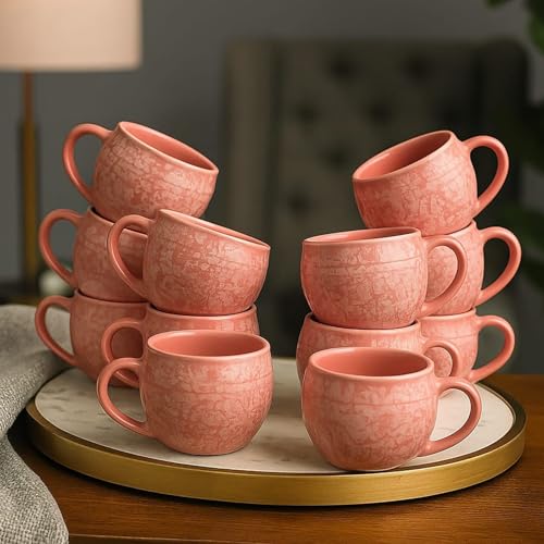 Image of D'Maiolica Pink Kuliya Shape Tea Cups Set of 12 Microwave and Dishwasher Safe, Ceramic Small Tea /Chai /Coffee Cups Perfect for Every Occasion Capacity - 110 ml Each (Pink, Pack of 12, Small)