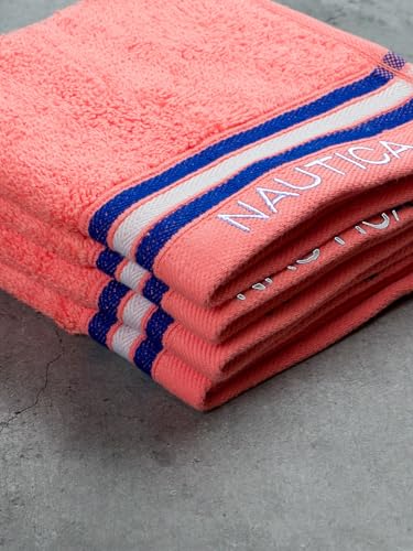 Image of NAUTICA Super Soft Zero Twist 100% Cotton Towel -4pc Face Towel (Vintage Crew Stripe) solid-coral-500 GSM