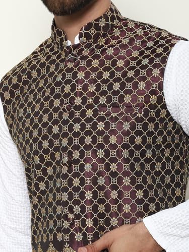 Image of SOJANYA (Since 1958 Men's Cotton Linen Maroon Kurta and White Pyjama with Mustard Cotton Nehru Jacket