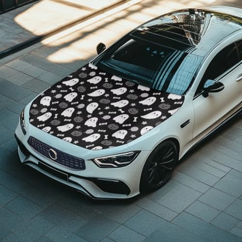 Image of Cute Ghost Pumpkin Print Car Hood Cover Protector 59x39 Inch Stretchable Auto Hood Wraps Waterproof Halloween Automotive Exterior Accessories for Most SUV Sedans Trucks