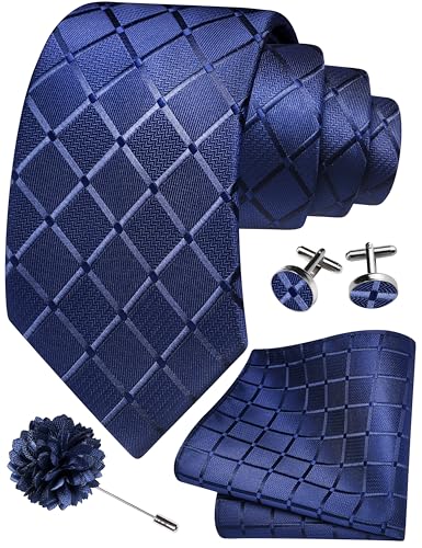 Image of GUSLESON 3.15 inch（8cm） Mens Tie and Lapel Pin Plaid Checkered Necktie Hankerchief Cufflinks Set for Men