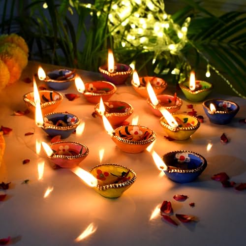 Image of STLYZ Colourful Handmade Diyas for Diwali Hand Painted Decorative Clay Mitti Diya Deepak Lanterns for Diwali Decoration (Pack of 4)