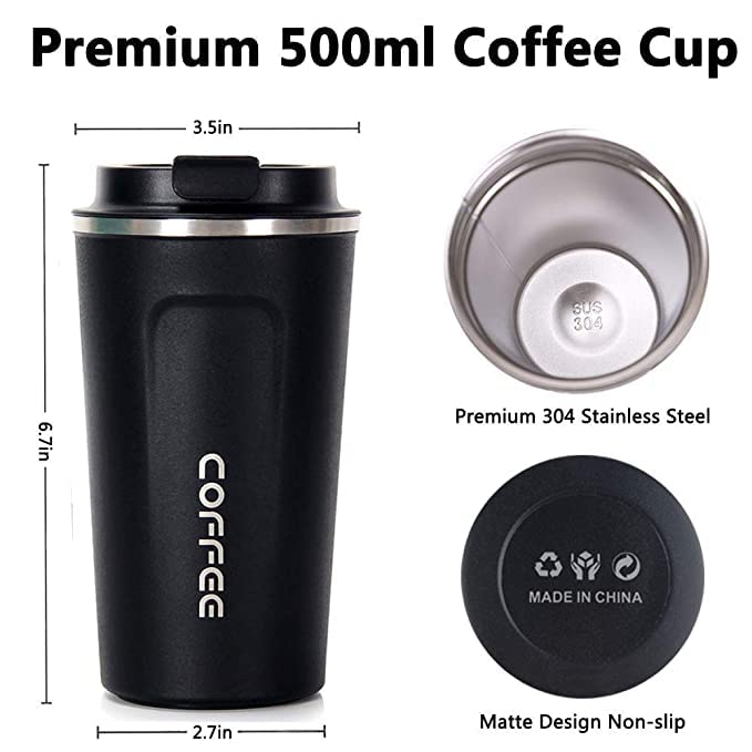 Image of Vacuum Insulated Stainless Steel Coffee Mug Tumbler - 510ml Travel Thermos Sipper Cup, Double Wall Hot & Cold Beverage Flask for Tea, Coffee, Office & Outdoor Use (Black)