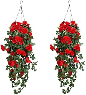 Dyna-Living 2PCS Artificial Hanging Baskets Outdoor, Artificial Flowers Hanging Planter Baskets Fake Silk Garland Flower Rose Vine Ivy for Home Garden Party Wedding Decorations