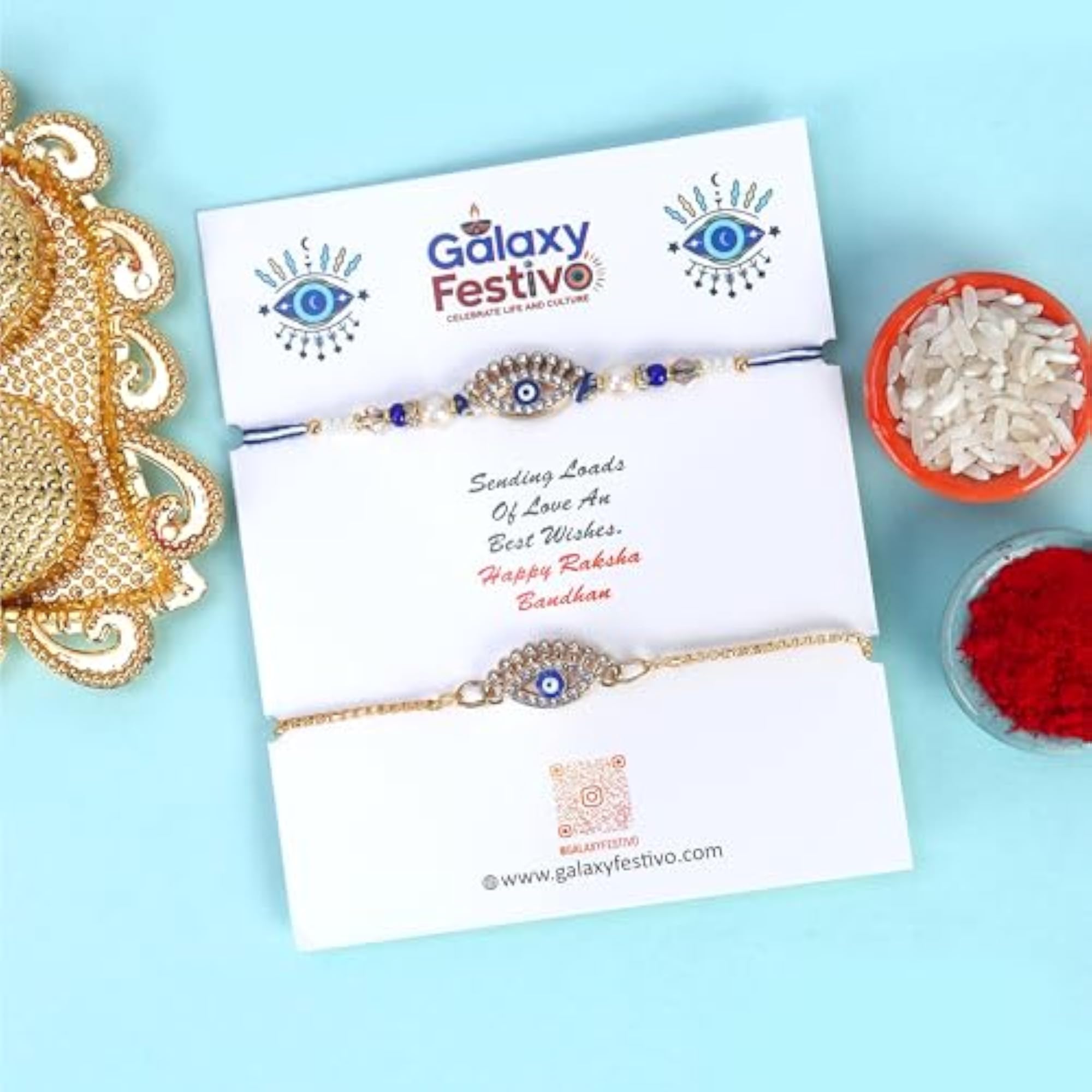Evil Eye Rakhi and Bracelet Set with Crystal Stones