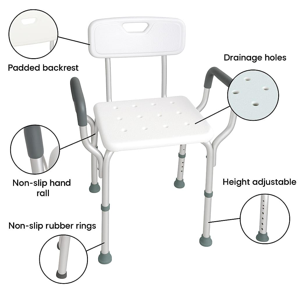 Sedia da doccia ergonomica DynaSun B539 sgabello da bagno regolabile in altezza con braccioli e schienale per anziani e persone con mobilità ridotta