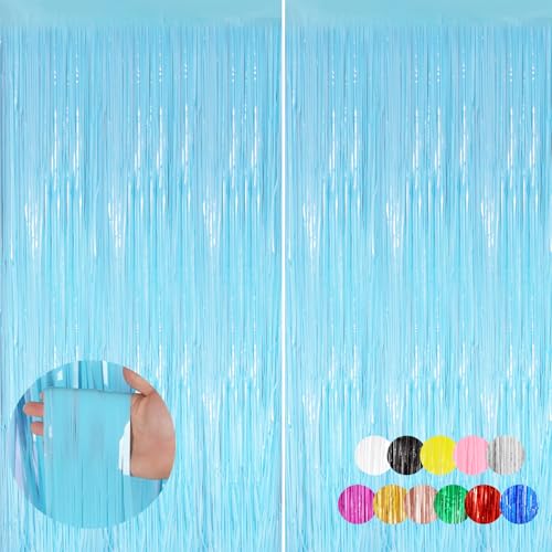 Image of 2PCS Macaron Light Blue Party Streamers 3.3x8.3Ft Foil Fringe Backdrop Curtains Tinsel Streamers Birthday Party Decors Fringe for Graduation Wedding, Baby Shower Disco Party Anniversary Streamers