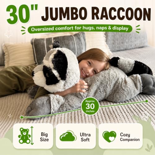 Image of BENINY Giant Raccoon Stuffed Animal 30 inch - Oversized Raccoon Plush Pillow - Fluffy Big Stuffed Racoon Toy Birthday Gifts for Kids - Sweet Companion
