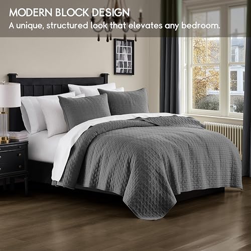 Image of palassio Dark Grey 100% Cotton Quilt King Size Bedding Sets with 2 Pillow Shams, Textured Lightweight Soft Bedspread Shabby Chic Coverlet, Quilted Comforter Bed Cover for All Season, 3 Pieces