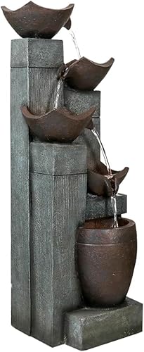 Miniatura 6 de Naturefalls Fuente de agua de jardín al aire libre de 39.7 pulgadas de 5 niveles con luces LED, moderna característica de agua en cascada de resina