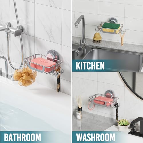 Image of TAILI Soap Holder, Soap Dish Suction Cup with Hooks, Stainless Steel,Silver | Soap Dish for Shower, Bathroom Bar soap holder Shower Wall, Stainless Steel Sponge Holder for Tub Kitchen