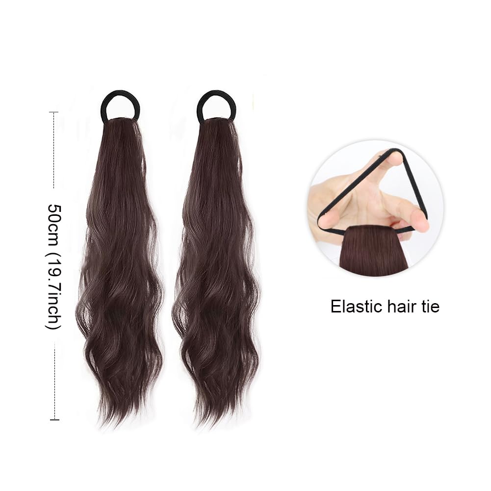 2Pcs 19.7 inch Curly Ponytail Extensions with Elastic Hair Tie Natural Looking Wave Fake Ponytail Wigs Hairpieces for Women (Black) - Image 2