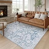Uphome Machine Washable Area Rugs for Living Room, 5x7 Vintage Bedroom Rugs, Boho Soft Non-Slip Dining Room Rug, Traditional Distressed Floral Large Rug for Kitchen Office Nursery, Blue