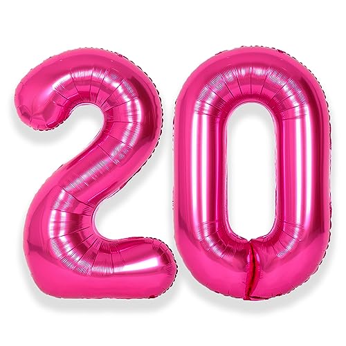 SUWEN 40 Inch Hot Pink Large 20 Number Balloons Big Foil Helium Number Balloons 0-9 Jumbo Happy 20th Mylar Birthday Party Decorations for Women Anniversary Party Supplies