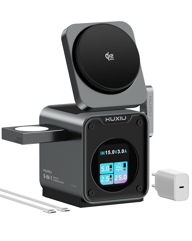 KU XIU 5-in-1 Ladestation Qi2.2 25W mit Smart TFT Display & Kühlventilator