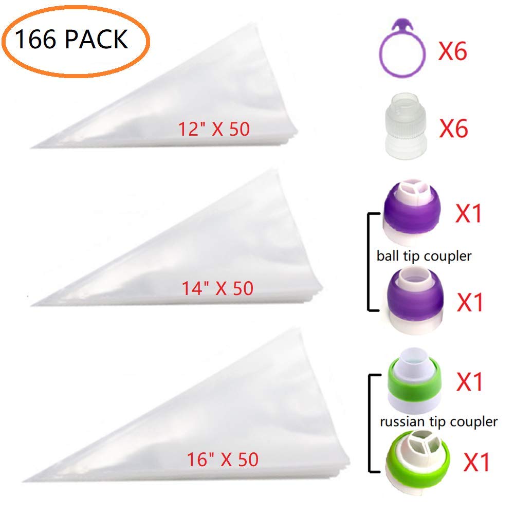 ANSLYQA 166 Pcs Pastry Piping Bags Kit with 150PCS 3 Sizes (12"+14"+16") Extra Thick Disposable Icing Bags,10 Couplers and 6 Frosting Bag Ties for Baking Cupcakes Cookies Cake Decorating Supplies