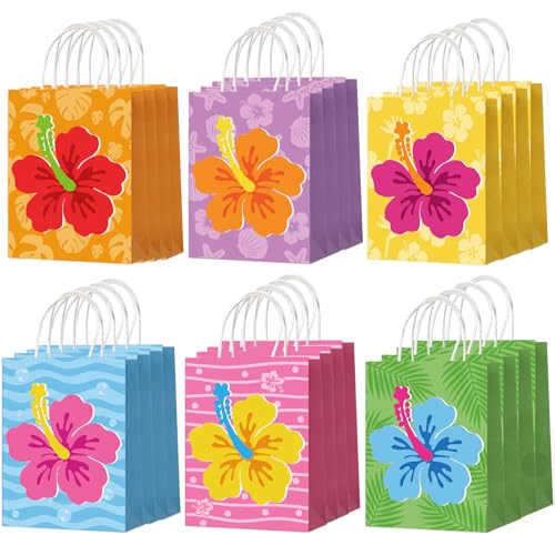 Tinlade 24 Pcs Hawaiian Gift Bags Tropical Hibiscus Paper Goodie Treat Bags with Handles Luau Summer Tiki Birthday Party Supplies Multicolor 5.9 x 8.3 x 3.2