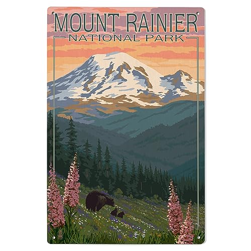Lantern Press 6x9 Inch Wood Sign, Ready to Hang Wall Decor, Mount Rainier National Park, Washington, Bear and Spring Flowers