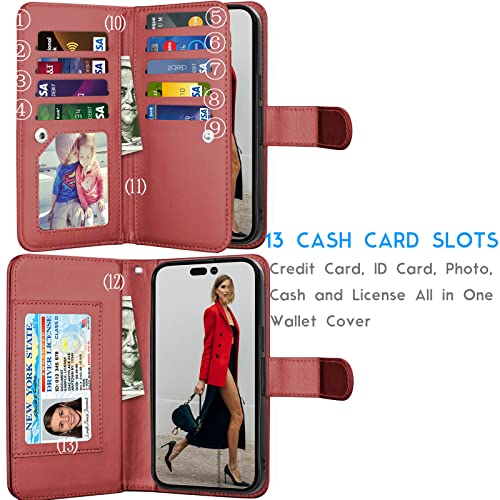 Tekcoo Wallet Case Compatible with iPhone 14 Pro Max (6.7 inch) 2022 Luxury ID Cash Credit Card Slots Holder Carrying Pouch Folio Flip PU Leather Cover [Detachable Magnetic Case] - Wine Red