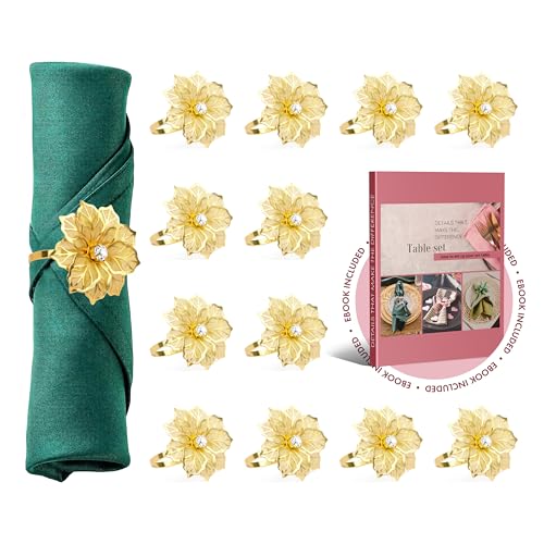 POGALA Flower Napkin Rings Set of 12 Gold Metal Napkin Holder Buckle for Cloth Napkins and Paper Napkins for Dinner, Wedding, St. Patrick's Day, Easter, Birthday, Thanksgiving Dining Table Decoration