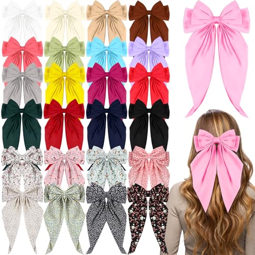 Mimorou 25 Pcs Satin Hair Bows Bulk Silky Big Hair Bows for Women Oversized Long Tail Ribbons Large Knot Clips Barrettes for Holiday Gifts(Floral)
