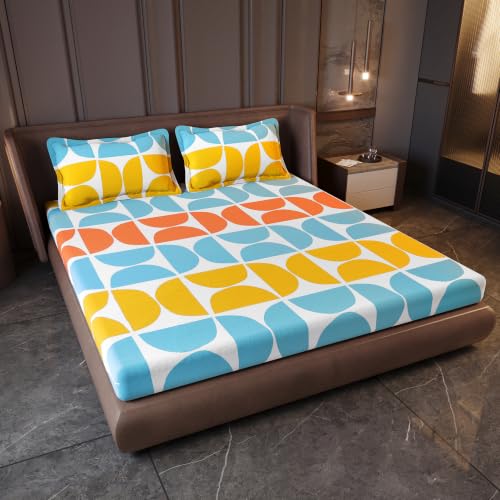 Image of Divine Casa Cotton King Size Bedsheet | 210 TC Soft Breathable Pigment Twill Satin Bed Sheet with 2 Pillow Covers | Luxury Bedding Set | 275 x 275 cm (Orange & Blue, Gemetic)