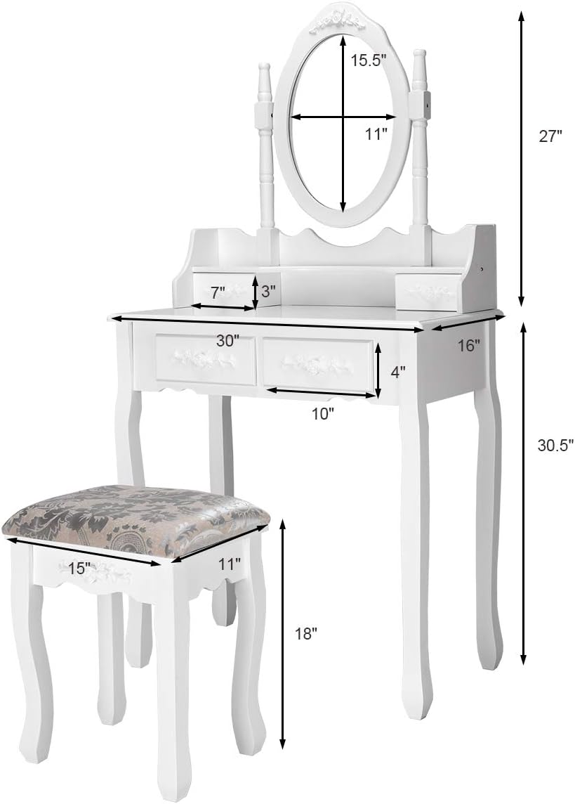 Giantex Vanity Table Set with Oval Mirror and 4 Drawers, Makeup Dressing Table with Cushioned Stool, Wooden Makeup Table for Bedroom Bathroom Girls Women, White