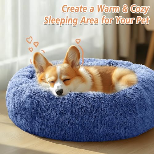 Image of JOLLYVOGUE Calming Dog Bed Medium Size Dog, 31in Donut Washable Medium Pet Bed, Anti-Slip & Anti-Anxiety Fluffy Faux Fur Round Dogs Bed, Fits up to 45 lbs Pets (Navy Blue)
