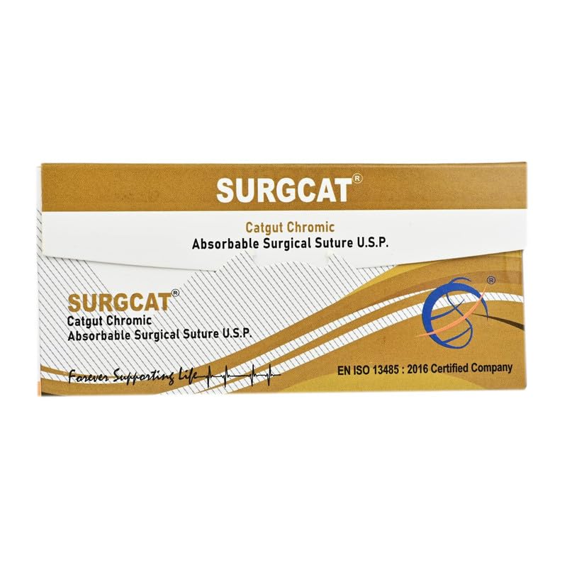 Image of (SCC 4259),Catgut Chromic Absorbable Surgical Suture, USP 1 (Metric 5),Length 76 cm,1 /2 Circle Round Body 40 mm Heavy (Pack of 12 Sutures)