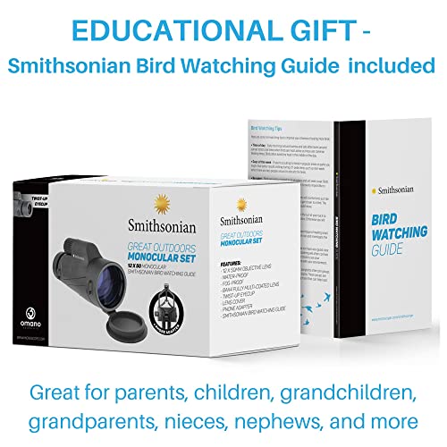 Bird Watching Monocular For Adults – Smithsonian Monocular Set W/ 12X50 Monocular For Bird Watching, Hiking, Travel – Waterproof Monocular– Bird-Watching Guide Included #TOP2