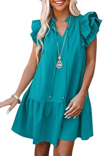 Dokotoo Summer Dresses for Women Sun Dresses 2023 Elegant V Neck Drawstring Ruffle Solid Pockets Cap Short Sleeve Casual Dresses for Women Green Large