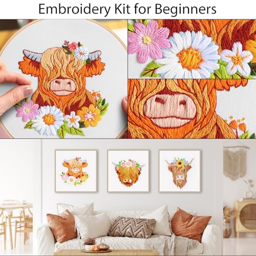 Image of Louise Maelys 3 Sets Highland Cow Embroidery Kits for Beginners,Cross Stitch Kit for Adults,Starters DIY Needlepoint Including Embroidery Hoop Cloth Needles Instruction and Threads