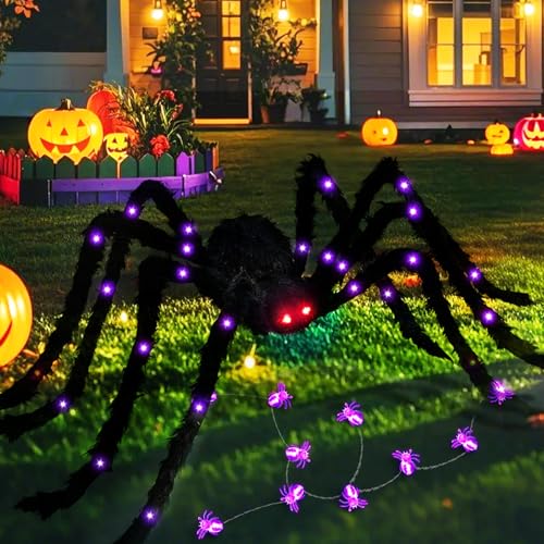 FANFX Halloween Spider Decorations with Led Spider String Light, Large Spider with Adjustable Legs, Giant Spiders Outside Decor, Scary Fake Black Hairy Spider for Yard Lawn Indoor Haunted House Props