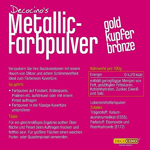 DECOCINO Metallic-Farbpulver (3x2g) – Gold, Bronze & Kupfer - Lebensmittelfarbe-Puder – Fondant-taugliches Glitzer-Puder als Kuchen-Deko & Torten-Deko!